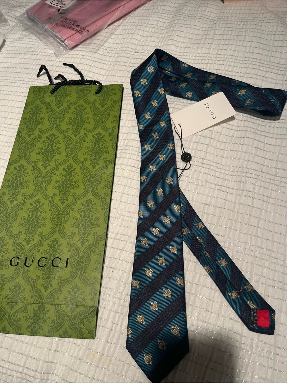 Gucci Teal and Navy Diagonal Bee Motif Silk Tie